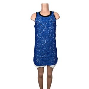 Gianni Bini Size Medium Blue White Lace Shift Dress Overlay Sleeveless Lined